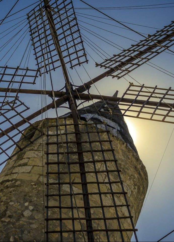 Spain, Mallorca, Manacor, wind mill against the sun